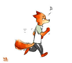  2017 anthro barefoot bottomwear canid canine clothed clothing disney feet fox fully_clothed fur jogging male mammal musical_note nick_wilde orange_body orange_fur pants red_fox shirt simple_background solo t-shirt topwear true_fox white_background yibsy zootopia 