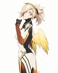  arm_up bad_id bad_tumblr_id black_gloves blonde_hair blue_eyes bodysuit breasts cowboy_shot feathered_wings female from_side gloves halo high_ponytail long_hair looking_at_viewer maro_(lij512) mechanical_halo mercy_(overwatch) overwatch overwatch_1 parted_lips ponytail signature simple_background solo standing white_background wings 