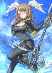  black_bodysuit blue_eyes bodysuit breast_tattoo breasts chascoby eunie_(xenoblade) female green_hoodie highres hood hoodie jacket large_breasts leather leather_jacket solo staff tattoo white_wings wings xenoblade_chronicles_(series) xenoblade_chronicles_3 