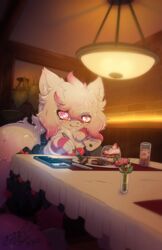  anthro beef beverage clothed clothing cutlery dark dessert detailed_background domestic_cat dress eating electronics felid feline felis flower food fork fruit furniture gingy_k_fox hi_res kitchen_utensils knife looking_at_viewer mammal meat phone plant solo steak strawberry table tools 