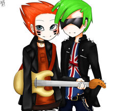  2boys alternate_costume alternate_hairstyle cowboy_shot electric_guitar facial_mark ferb_fletcher green_hair guitar hands_in_pockets heavy_metal instrument multiple_boys phineas_and_ferb phineas_flynn pockysenpai punk red_hair short_hair siblings simple_background split_mouth sunglasses whisker_markings white_background 