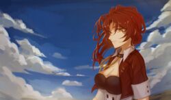  absurdres akashin breasts choker cleavage closed_mouth cloud cloudy_sky female highres honkai_(series) honkai_impact_3rd jacket looking_at_viewer murata_himeko murata_himeko_(battle_storm) outdoors red_hair red_jacket short_sleeves sky solo yellow_eyes 