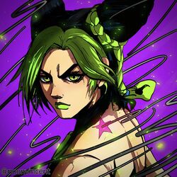  birthmark black_hair braid braided_bun braided_ponytail cone_hair_bun double_bun female green_eyes green_hair green_lips hair_bun halterneck joestar_birthmark jojo_no_kimyou_na_bouken kujo_jolyne lipstick makeup multicolored_hair noonvincent serious solo star_(symbol) star_tattoo stone_ocean string tattoo two-tone_hair 