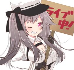  azur_lane between_breasts black_gloves black_ribbon breast_pocket breasts cleavage female gloves grey_hair grin hat hat_ribbon holding holding_sign large_breasts long_hair long_sleeves looking_at_viewer mikuchi3939 military military_uniform one_eye_closed pamiat_merkuria_(azur_lane) pink_eyes pocket ribbon sign simple_background smile solo translated uniform upper_body v-shaped_eyebrows very_long_hair white_background white_hat 