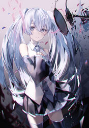  black_footwear black_skirt black_sleeves blue_eyes blue_hair blue_necktie boots broken collared_shirt commentary cowboy_shot detached_sleeves disintegration eyebrows_hidden_by_hair female hair_between_eyes hand_on_own_chest hatsune_miku highres light_blue_hair long_hair looking_at_viewer microphone necktie parted_lips pleated_skirt pop_filter shards shirt skirt solo sonna_banana thigh_boots thighhighs twintails vocaloid white_shirt wide_sleeves 