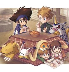  3boys agumon animal_ears blue_eyes brown_hair cat_ears claws crayon creature_on_head cup digimon digimon_(creature) digimon_adventure drawing eating female food food_on_head fruit fruit_on_head gabumon highres horns ishida_yamato korean_commentary kotatsu lolicon mandarin_orange mug multiple_boys object_on_head open_mouth orange_(fruit) patamon pu_lyong red_eyes rug single_horn sleeping table tailmon takaishi_takeru teeth under_kotatsu under_the_table yagami_hikari yagami_taichi 