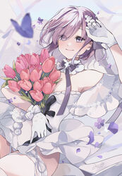  absurdres alternate_costume bare_shoulders blue_butterfly bouquet breasts bug butterfly closed_mouth commentary_request detached_collar dress eyes_visible_through_hair fate/grand_order fate_(series) female flower gloves hair_flower hair_ornament hair_over_one_eye highres holding holding_bouquet light_purple_hair looking_away mash_kyrielight mash_kyrielight_(fgo_orchestra) misaki346 official_alternate_costume petals pink_flower pink_tulip purple_eyes purple_flower rose short_hair signature smile solo tulip violet_(flower) white_dress white_flower white_gloves 