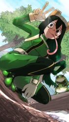  absurdres animal asui_tsuyu black_eyes black_hair blue_sky bodysuit boku_no_hero_academia breasts cloud cloudy_sky facepaint fcgc_(friedalwaysgood) female frog frog_girl full_body gloves goggles goggles_on_head green_bodysuit green_hair hair_between_eyes hair_rings highres horizontal_pupils long_hair long_tongue looking_at_viewer looking_back low-tied_long_hair medium_breasts sky solo squatting tongue tongue_out tree v white_gloves 