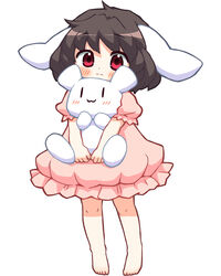  animal animal_ears barefoot bebeneko black_hair dress female floppy_ears frilled_dress frilled_sleeves frills full_body holding holding_animal inaba_mob_(touhou) inaba_tewi pink_dress puffy_short_sleeves puffy_sleeves rabbit rabbit_ears red_eyes short_hair short_sleeves simple_background standing touhou white_background 