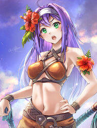  absurdres artist_name bare_shoulders belt bikini blue_hair breasts clear_glass_(mildmild1311) cowboy_shot female fire_emblem fire_emblem:_radiant_dawn fire_emblem_heroes flower green_eyes hair_flower hair_ornament hairband hand_on_own_hip hibiscus highres holding holding_weapon long_hair mia_(fire_emblem) mia_(summer)_(fire_emblem) navel official_alternate_costume open_mouth orange_bikini outdoors signature sky solo swimsuit twitter_username upper_body v-shaped_eyebrows weapon white_hairband 