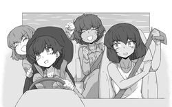  4girls bob_cut car_seat clenched_hands closed_eyes commentary dark-skinned_female dark_skin driving freckles frown girls_und_panzer greyscale grimace grin highres hoshino_(girls_und_panzer) jumpsuit long_sleeves looking_at_another mechanic monochrome multiple_girls nakajima_(girls_und_panzer) open_mouth outside_border raised_fist renshiu short_hair smile steering_wheel suzuki_(girls_und_panzer) sweatdrop tank_top tsuchiya_(girls_und_panzer) uniform vehicle_interior 