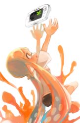  arms_up black_shorts colored_tongue female from_side game_console ink inkling inkling_girl inkling_player_character long_hair looking_up open_mouth orange_eyes orange_hair orange_tongue reaching shirt short_shorts short_sleeves shorts simple_background smile splatoon_(series) splatoon_1 tawara8853 tentacle_hair very_long_hair white_background white_shirt wii_u wii_u_gamepad 