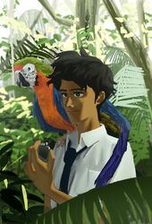  1boy absurdres animal bird black_eyes black_hair breast_pocket collared_shirt commentary compass dark-skinned_male dark_skin foliage highres jungle male_focus nature necktie pakkun parrot pocket rajdhani_(sonny_boy) shirt short_hair smile solo sonny_boy tree white_shirt 