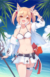  :d animal_ears arknights arm_up armpits bare_shoulders belt bikini blonde_hair breasts cleavage cloud contrail cowboy_shot day female front-tie_bikini_top front-tie_top groin hair_between_eyes halterneck highres holding jacket long_hair looking_at_viewer medium_breasts miniskirt navel ocean off_shoulder official_alternate_costume open_clothes open_jacket open_mouth orange_eyes outdoors palm_leaf skirt sky smile solo sora_(arknights) sora_(summer_flowers)_(arknights) standing stomach swimsuit thigh_strap thighs trimbil twintails v water white_bikini white_jacket white_skirt wolf_ears 