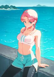  absurdres against_railing arknights arms_behind_back bare_arms bare_shoulders black_legwear blue_eyes blue_hairband blue_poison_(arknights) blue_poison_(shoal_beat)_(arknights) blue_shorts blue_sky braid breasts bright_pupils cleavage closed_mouth collarbone commentary cowboy_shot day dolphin_shorts female hairband highres horizon island leggings lighthouse long_hair looking_at_viewer medium_breasts navel ocean official_alternate_costume oukayu outdoors parted_bangs pink_hair railing short_shorts shorts sitting sky sports_bra stomach twin_braids v-shaped_eyebrows water 