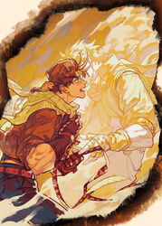  2boys aqua_eyes battle_tendency belt bomber_hat brown_hair caesar_anthonio_zeppeli chinese_commentary clenched_hands cloud clutching_chest commentary_request crying crying_with_eyes_open denim from_side fur_hat ghost hat hidden_face highres holding jacket jeans jojo_no_kimyou_na_bouken joseph_joestar joseph_joestar_(young) male_focus multicolored_clothes multicolored_scarf multiple_boys no_headband open_mouth pants photoshop_(medium) profile sad scarf short_hair short_sleeves sobbing striped_clothes striped_scarf tears triangle_print ushanka xianlan 