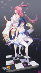  2girls bare_shoulders blue_flower breasts cleavage closed_mouth dress earrings fingerless_gloves flip-flops flower full_body gloves hair_flower hair_ornament high_heels highres honkai_(series) honkai_impact_3rd invisible_chair japanese_clothes jewelry kimono long_hair long_sleeves looking_at_viewer multiple_girls petals pink_hair ponytail purple_eyes purple_hair raiden_mei raiden_mei_(valkyrie_bladestrike) sandals sitting sleeveless sleeveless_dress smile soles standing taichi_(yirkorn) thighhighs tile_floor tiles wedding_dress white_dress white_footwear white_gloves white_kimono white_legwear yae_sakura yae_sakura_(gyakushinn_miko) 