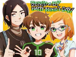  2boys amaka_(maka_prsk) bags_under_eyes ben_10 ben_10:_omniverse ben_tennyson black_hair brown_hair cousins female glasses gwen_tennyson hair_ornament hairclip kevin_levin layered_sleeves long_sleeves multiple_boys orange_hair shirt short_hair short_over_long_sleeves short_sleeves smile t-shirt 