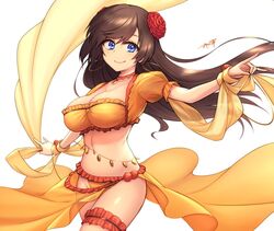  blue_eyes breasts bridal_garter brown_hair cleavage cowboy_shot crop_top dancer earrings fate/grand_order fate_(series) female floating_hair flower frills hair_flower hair_ornament hoop_earrings jewelry large_breasts long_hair looking_at_viewer mata_hari_(fate) midriff navel orange_panties orange_shirt oyaji-sou panties red_flower revealing_clothes shawl shirt short_sleeves simple_background smile solo stomach thighs underwear white_background 