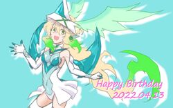  akatsuki_kirika blonde_hair blush breasts covered_navel dated female glowing glowing_hair gradient_hair green_eyes green_hair happy_birthday head_wings headgear highres leotard long_hair looking_at_viewer multicolored_hair senki_zesshou_symphogear shiny_skin skin_tight skirt smile solo standing striped type-moongundam wings x-drive_(symphogear) 