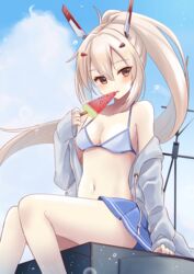  ayanami_(azur_lane) azur_lane bare_shoulders bikini bikini_under_clothes blonde_hair blue_bikini blue_sky blush breasts cloud day female food grey_hoodie hair_between_eyes hair_ornament headgear highres hood hoodie ice_cream jacket long_hair looking_at_viewer manjirou_(manji_illust) md5_mismatch miniskirt navel off_shoulder open_clothes open_jacket outdoors pleated_skirt ponytail sailor_collar sitting skirt sky solo swimsuit 