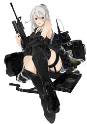  artist_name assault_rifle bare_shoulders black_footwear black_jacket black_shirt boots breasts brown_eyes commission explosive expressionless female full_body girls&#039;_frontline grenade grenade_launcher grey_hair gun hair_between_eyes hair_ornament hairclip heterochromia highres holding holding_gun holding_weapon jacket jewelry long_hair looking_at_viewer m16 m16a1 m203 mechanical_arms mechanical_legs medallion necklace on_floor open_mouth original pixiv_commission ponytail red_eyes rifle scar scar_across_eye shirt single_mechanical_arm single_mechanical_leg solo sutekina_awa thighs underbarrel_grenade_launcher unworn_jacket weapon weapon_case white_background 