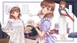  ? ?? ^_^ ^o^ apron boots bowl brown_hair bucket cleaning closed_eyes clothing_cutout commentary_request cooking female framed full_body gloves head_scarf heart_cutout holding holding_bowl idolmaster idolmaster_cinderella_girls implied_murder looking_at_viewer looking_to_the_side multiple_views notice_lines omisoshiru protected_link puffy_short_sleeves puffy_sleeves rubber_boots rubber_gloves sakuma_mayu short_sleeves sideways_glance speech_bubble translation_request upper_body white_apron 