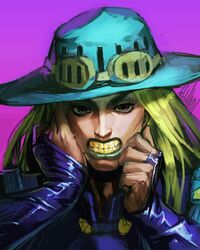  1boy blonde_hair blue_hat blue_lips commentary_request elbow_gloves gloves goggles goggles_on_headwear gold_teeth gyro_zeppeli hands_up hat highres jojo_no_kimyou_na_bouken korean_commentary lipstick long_hair looking_at_viewer makeup male_focus purple_background purple_eyes solo sparrowl steel_ball_run upper_body 