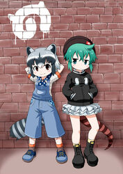  2girls against_wall akou_roushi alternate_costume animal_ears arms_behind_head arms_up bare_arms bare_legs black_hair brick_wall brown_eyes cardigan casual closed_mouth commentary common_raccoon_(kemono_friends) contemporary extra_ears fang_out frilled_skirt frills full_body graffiti green_eyes green_hair grey_hair hair_between_eyes hands_in_pockets hat japari_symbol kemono_friends leaning_back long_sleeves microskirt multicolored_hair multiple_girls oerba_yun_fang overalls pocket raccoon_ears raccoon_tail shirt shoes short_hair short_sleeves sidelocks skirt smile snake_tail socks standing standing_on_one_leg tail tsuchinoko_(kemono_friends) v-shaped_eyebrows wall white_hair zipper 