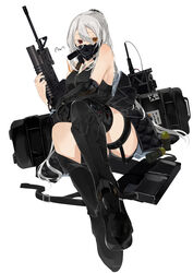  artist_name assault_rifle bare_shoulders black_footwear black_jacket black_shirt boots breasts brown_eyes commission explosive expressionless female full_body girls&#039;_frontline grenade grenade_launcher grey_hair gun hair_between_eyes hair_ornament hairclip heterochromia highres holding holding_gun holding_weapon jacket jewelry long_hair looking_at_viewer m16 m16a1 m203 mask mechanical_arms mechanical_legs medallion necklace on_floor original pixiv_commission ponytail red_eyes rifle scar scar_across_eye shirt single_mechanical_arm single_mechanical_leg solo sutekina_awa thighs underbarrel_grenade_launcher unworn_jacket weapon weapon_case white_background 