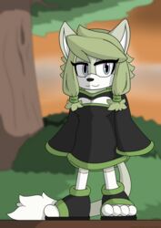  absurd_res black_clothing blurred_background clothing daisy_kitsune_(erdbeerjoghurt) darknetic detailed_background digital_media_(artwork) felid feline female fluffy fluffy_tail fur grass green_body green_clothing green_fur green_hair hair hi_res mammal multicolored_eyes plant public sega shaded solo sonic_the_hedgehog_(series) sunset tail tree white_body white_fur 