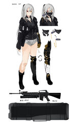  artist_name assault_rifle black_footwear black_jacket black_shirt boots breasts brown_eyes closed_mouth commission expressionless female full_body girls&#039;_frontline grenade_launcher grey_hair gun hair_between_eyes hair_ornament hairclip headphones headphones_around_neck heterochromia highres jacket jewelry long_hair looking_at_viewer m16 m16a1 m203 mask mechanical_arms mechanical_legs medallion necklace original pixiv_commission ponytail production_art red_eyes rifle scar scar_across_eye shirt shorts single_mechanical_arm single_mechanical_leg solo standing sutekina_awa underbarrel_grenade_launcher weapon weapon_case white_background white_shorts 