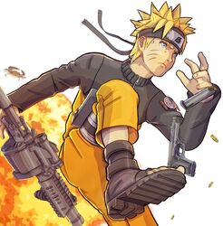  1boy blonde_hair blue_eyes bullet closed_mouth commentary crab crossover explosion forehead_protector fortnite grenade_launcher gun handgun highres holding holding_gun holding_weapon jacket konohagakure_symbol magazine_(weapon) male_focus naruto_(series) naruto_shippuuden ninja orange_jacket orange_pants pants sandals shoe_soles short_hair simple_background solo spiked_hair sweat uzumaki_naruto weapon white_background yoracrab 