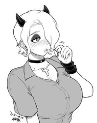  black_horns blush breasts choker cigarette commentary_request cross cross_necklace dated demon_girl demon_horns ear_blush ear_piercing earrings female greyscale hair_over_one_eye helltaker horns jewelry large_breasts lip_piercing looking_to_the_side monochrome mouth_piercing necklace nose_piercing piercing short_hair short_sleeves signature smoking solo tsukudani_(coke-buta) upper_body white_background wiggling wristband zdrada_(helltaker) 