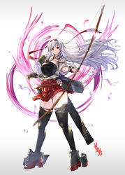  arrow_(projectile) black_thighhighs blush bow_(weapon) breasts feathers female gloves gradient_background granblue_fantasy_(style) grey_hair hachimaki hair_between_eyes hair_ribbon hairband hakama hakama_short_skirt hakama_skirt headband holding holding_bow_(weapon) holding_weapon japanese_clothes kantai_collection kimono long_hair long_sleeves looking_at_viewer partially_fingerless_gloves quiver red_hakama red_headband ribbon shoukaku_(kancolle) single_glove skirt smile solo thighhighs weapon white_hair white_kimono wide_sleeves youmou_usagi 