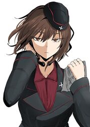  beret black_hat black_jacket brown_eyes brown_hair closed_mouth female floating_hair girls_und_panzer hand_up hat headphones headset jacket jitome kuromorimine_military_uniform long_sleeves looking_at_viewer medium_hair microphone military military_uniform necro_(nekurodayo) nishizumi_maho red_shirt shirt simple_background slit_pupils solo throat_microphone uniform upper_body white_background 