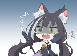  @_@ ^^^ animal_ear_fluff animal_ears bare_shoulders beni_shake black_hair black_sleeves blue_background blush cat_ears cat_girl cat_tail chibi commentary_request detached_sleeves female gradient_background green_eyes grey_hair karyl_(princess_connect!) long_sleeves multicolored_hair oerba_yun_fang open_mouth princess_connect! purple_skirt shaded_face shirt signature skirt sleeveless sleeveless_shirt solo stiff_tail streaked_hair surprised tail tail_raised tears wavy_mouth white_background white_shirt wide_sleeves 