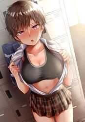  :o against_locker bag black_sports_bra blush bow bowtie breasts brown_hair brown_skirt cleavage collarbone cowboy_shot dress_shirt female getabako hair_between_eyes highres indoors large_breasts looking_at_viewer miniskirt moruta_(sunu-pio) navel nose_blush open_clothes open_mouth open_shirt original plaid plaid_skirt pleated_skirt purple_eyes red_bow red_bowtie school_bag school_swimsuit shirt short_hair short_sleeves skirt solo sports_bra sweat swimsuit white_shirt 