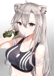  ahoge animal_ears bandaid bandaid_on_face bare_shoulders blush breasts cleavage collarbone crossed_bangs earrings explosive female from_above grenade grenade_pin grenade_pin_in_mouth grey_eyes grey_hair hair_between_eyes highres hololive jewelry large_breasts lion_ears lion_girl long_bangs long_hair looking_at_viewer midriff mocacoco339 mouth_hold official_alternate_costume official_alternate_hairstyle shishiro_botan shishiro_botan_(button-down) simple_background sports_bra striped striped_sports_bra tank_top upper_body vertical-striped_sports_bra virtual_youtuber 