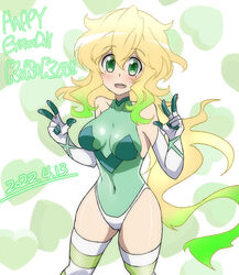  akatsuki_kirika blonde_hair blush breasts covered_navel dated elbow_gloves female gloves glowing glowing_hair gradient_hair green_eyes green_hair green_leotard happy_birthday highleg highleg_leotard highres leotard long_hair looking_at_viewer multicolored_hair nabeiro_kin senki_zesshou_symphogear shiny_skin skin_tight smile solo standing striped_clothes striped_thighhighs thighhighs x-drive_(symphogear) 