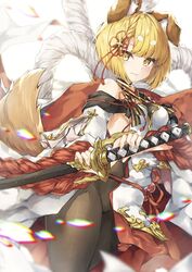  animal_ears bad_id bad_twitter_id braid dog_ears dog_girl dog_tail erune female granblue_fantasy highres holding holding_sword holding_weapon hyouta_(yoneya) inactive_account japanese_clothes katana looking_at_viewer pantyhose pelvic_curtain rope scabbard sheath sheathed shimenawa sideless_outfit solo sword tail vajra_(granblue_fantasy) weapon 