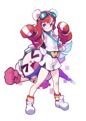  &gt;_&lt; 1other armpits ataruman bag bandaid bandaid_on_cheek bandaid_on_face blue_eyes blunt_bangs boots boxing_gloves boxing_headgear championship_belt commentary creature_and_personification female frown full_body goggles goggles_on_head helmet highres legs_apart looking_at_viewer muse_dash ola_(muse_dash) personification shoulder_bag simple_background sleeveless standing white_background white_hair zipper_pull_tab 