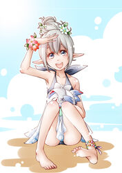  anklet barefoot beach bikini commentary_request day ebi_puri_(ebi-ebi) female fire_emblem fire_emblem_fates fire_emblem_heroes flower grey_eyes grey_hair hair_bun hair_flower hair_ornament hand_on_own_head jewelry kana_(female)_(fire_emblem) kana_(fire_emblem) looking_at_viewer open_mouth pointy_ears school_swimsuit single_hair_bun solo swimsuit wristband 