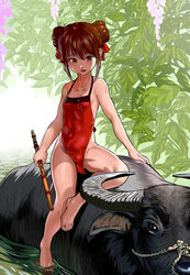  bad_id bad_pixiv_id bare_legs barefoot brown_eyes brown_hair buffalo chinese_clothes double_bun dudou female flute full_body hair_bun highres instrument leaf no_panties original photoshop_(medium) riding solo water yewang19 