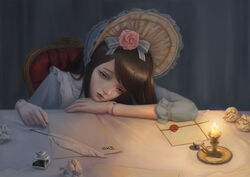  black_hair blue_eyes bonnet candle commentary_request crumpled_paper doll_joints female flower hair_flower hair_ornament hair_ribbon highres indoors ink joints letter long_hair looking_at_viewer original photoshop_(medium) quill ribbon sitting table vivid507 wax_seal 