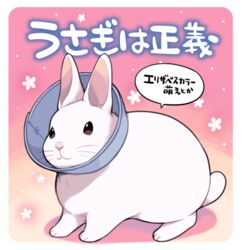  2016 ambiguous_gender cone_of_shame ichthy0stega japanese_text lagomorph leporid mammal medical_instrument rabbit scientific_instrument solo text translated 