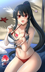  adapted_costume bikini bikini_bottom_only black_hair breasts cleavage commentary_request female food highres kantai_collection large_breasts long_hair looking_at_viewer mismatched_bikini open_mouth ponytail red_bikini red_eyes sand scrunchie shaved_ice sidelocks sitting smile solo spoon starfish swimsuit the-sinner towel yahagi_(kancolle) 