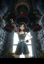  absurdres armband backlighting black_shirt black_shorts brown_eyes brown_hair clothes_around_waist commentary_request crop_top cross cross_necklace female fingerless_gloves forklift from_below gloves ground_vehicle hair_ornament hand_on_own_hip hangar highres ibara_dance id_card indoors jacket jacket_around_waist jewelry legs_apart looking_at_viewer motor_vehicle necklace original outstretched_arm photoshop_(medium) rocket rocket_engine scenery shirt short_hair shorts sleeveless smile solo stairs standing suspenders tank_top v 