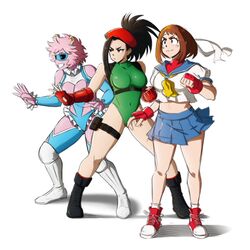  3girls ashido_mina black_hair boku_no_hero_academia cammy_white_(cosplay) cowboy_shot fighting_stance highres kasugano_sakura_(cosplay) kellzallday30 legs_apart looking_at_viewer multiple_girls pink_hair pink_skin rainbow_mika_(cosplay) short_hair solo street_fighter uraraka_ochako yaoyorozu_momo 