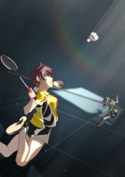  2girls aragaki_nagisa badminton badminton_racket black_eyes black_hair black_shorts brown_hair clenched_teeth commentary_request hanebado! hanesaki_ayano highres holding holding_racket jumping koubakotone left-handed light_rays long_hair looking_at_another looking_up multiple_girls ponytail racket red_eyes shirt short_hair short_shorts shorts shuttlecock spiked_hair sportswear sweat t-shirt teeth tomboy 